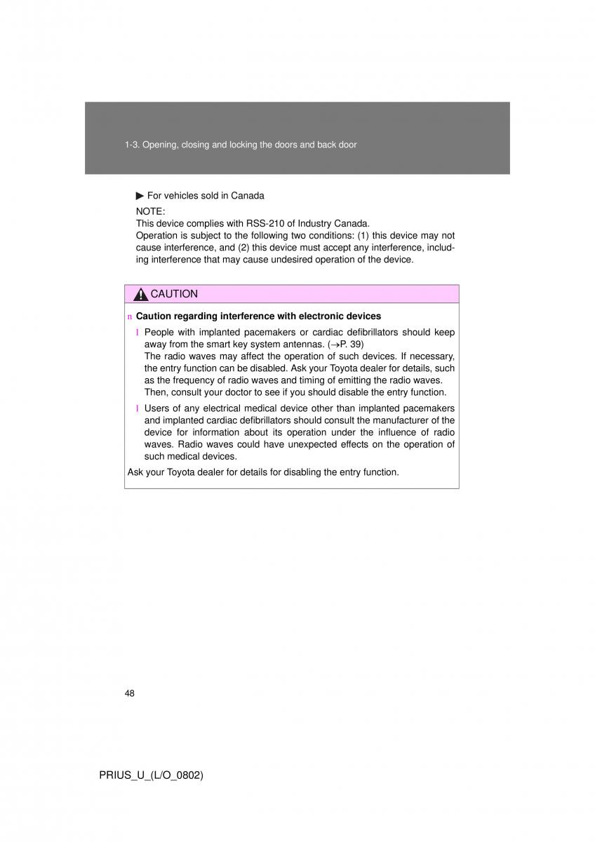 Toyota Prius II 2 NHW20 owners manual / page 42