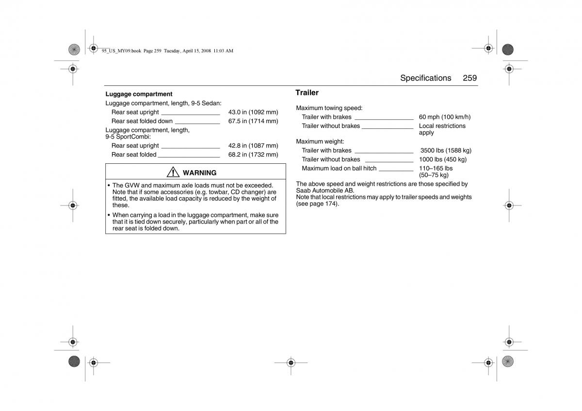 manual  Saab 9 5 FL I 1 owners manual / page 259