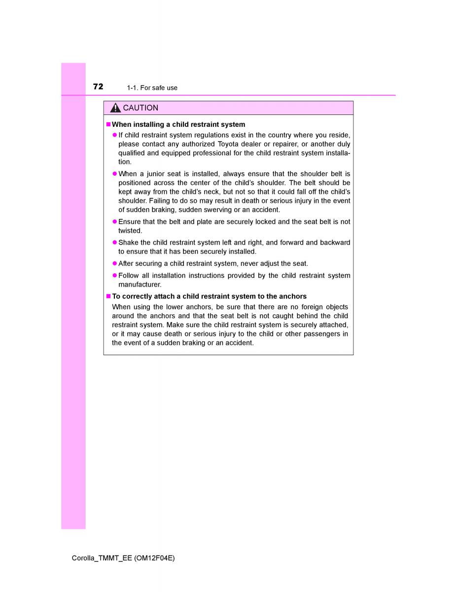 Toyota Corolla XI 11 E160 owners manual / page 72