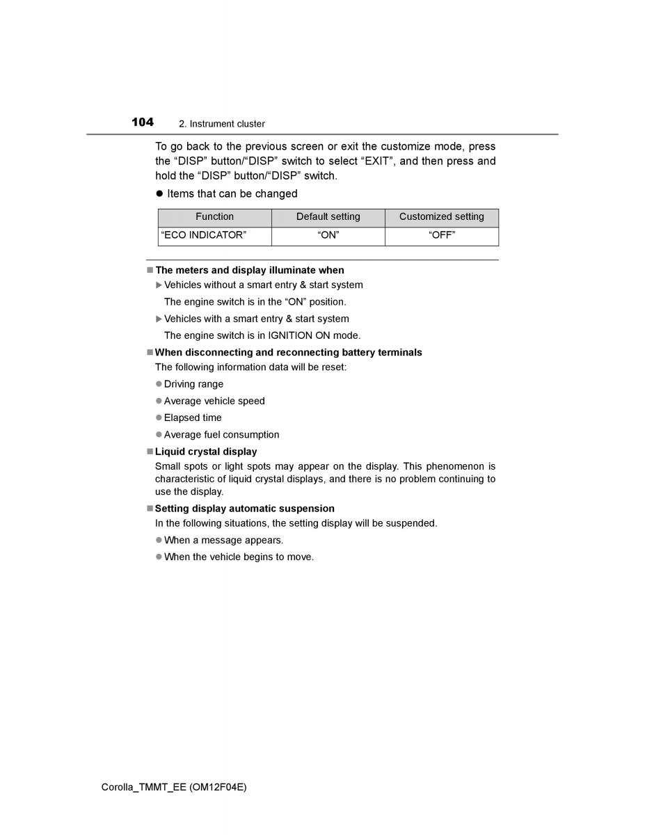 Toyota Corolla XI 11 E160 owners manual / page 104