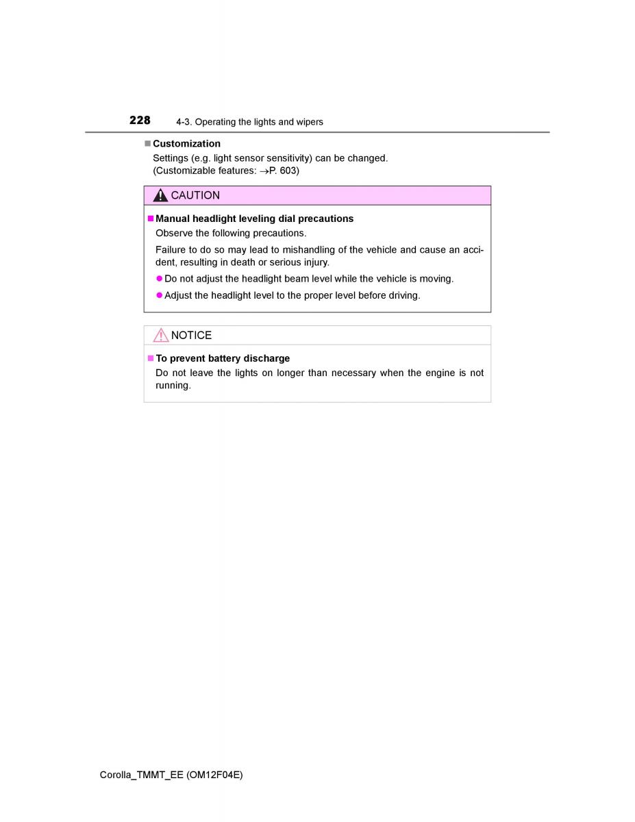 Toyota Corolla XI 11 E160 owners manual / page 228