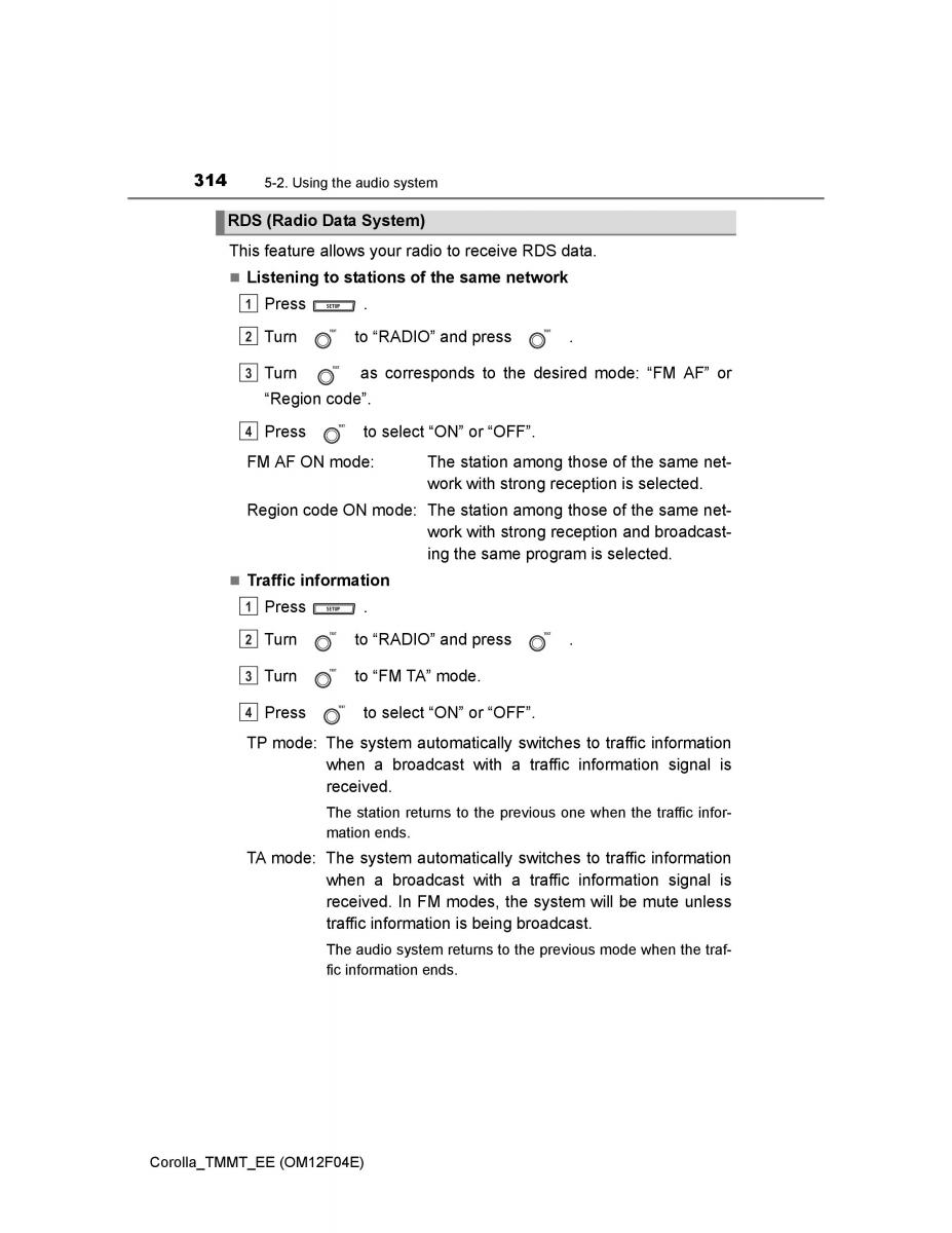 Toyota Corolla XI 11 E160 owners manual / page 314