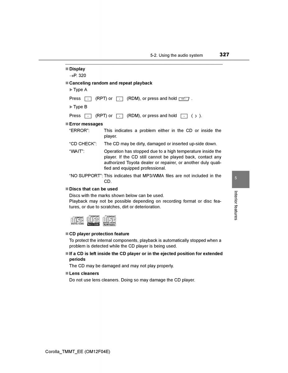 Toyota Corolla XI 11 E160 owners manual / page 327