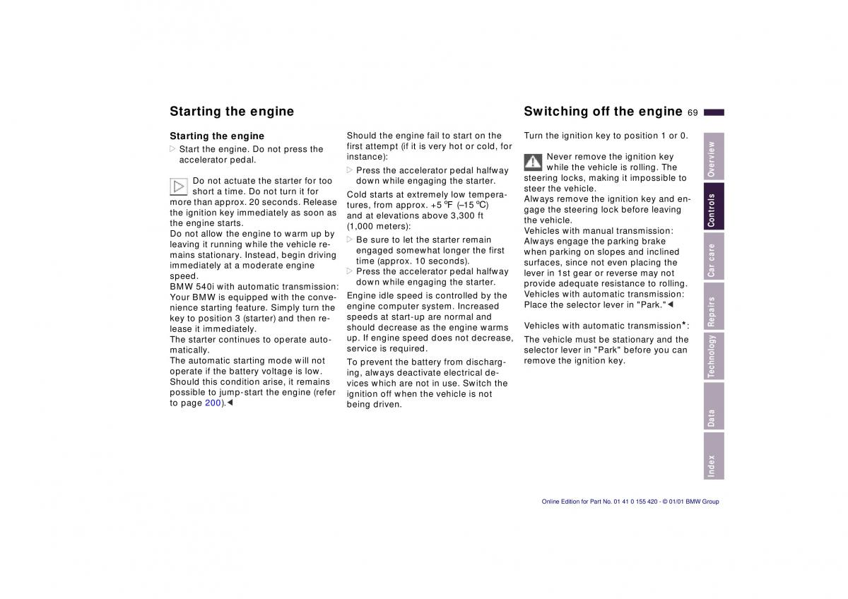 BMW 5 E39 owners manual / page 69