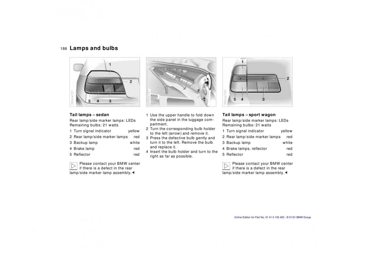 BMW 5 E39 owners manual / page 186