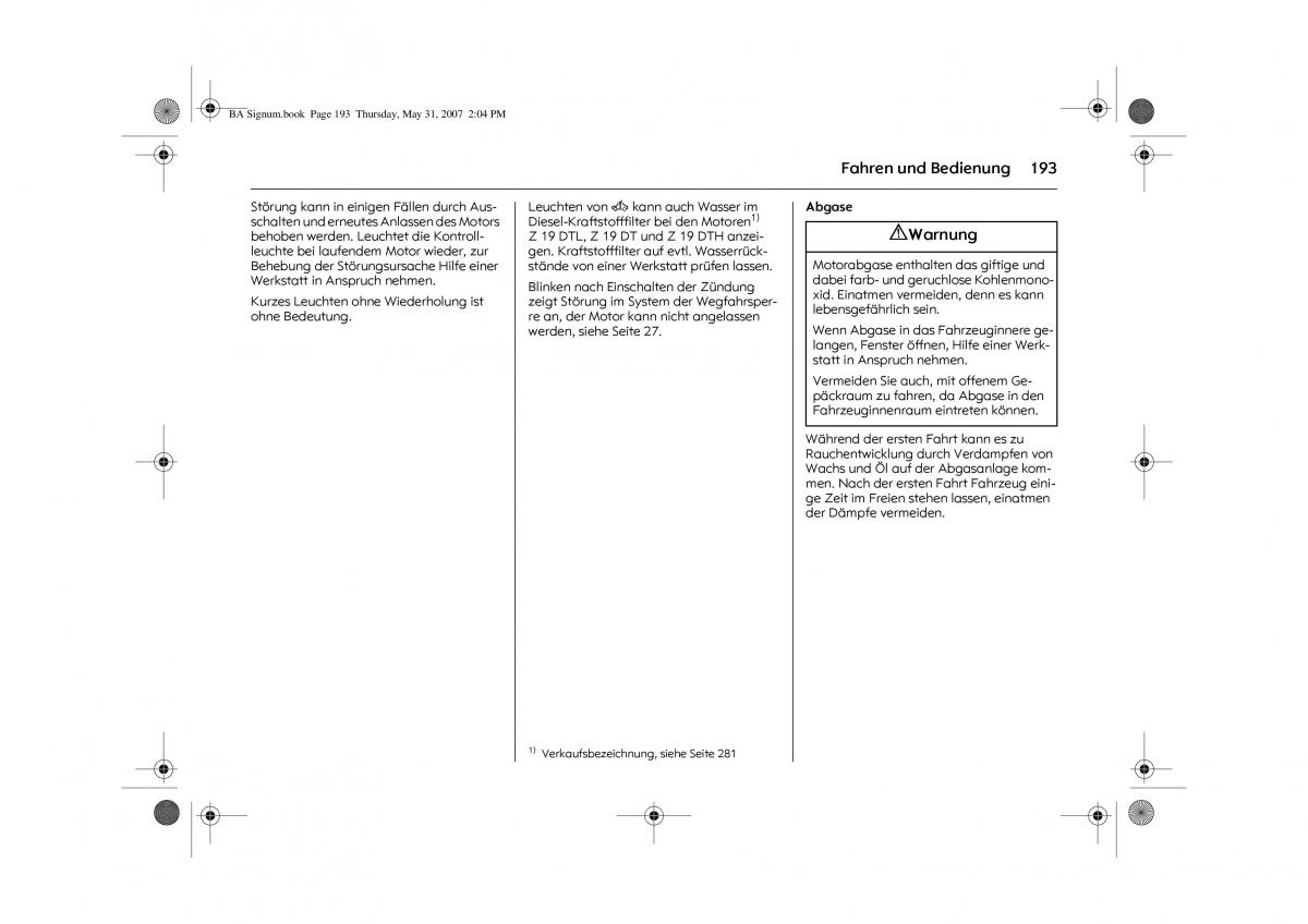 Opel Signum C Vauxhall Handbuch / page 197