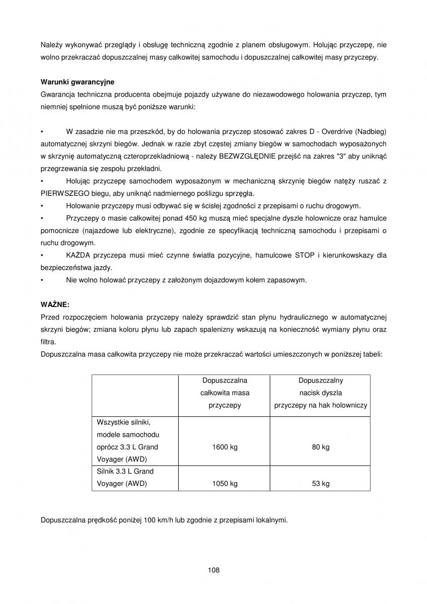 Chrysler Voyager Caravan IV 4 instrukcja obslugi / page 108