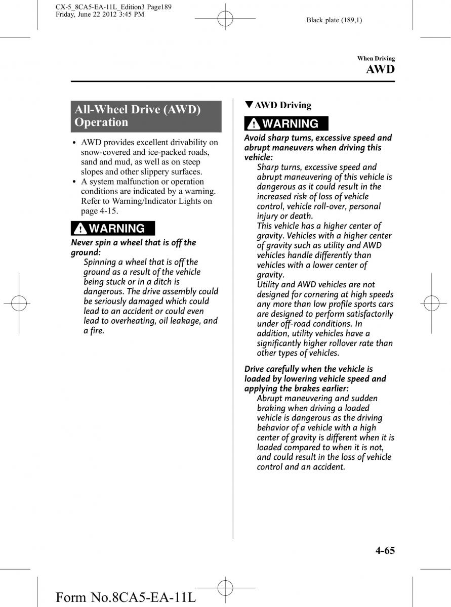 Mazda CX 5 owners manual / page 189