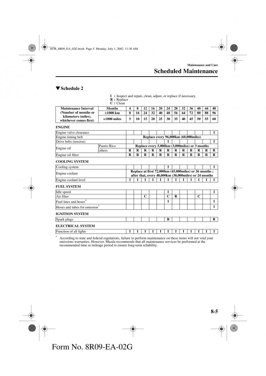 Mazda MX 5 Miata NB II 2 owners manual / page 184