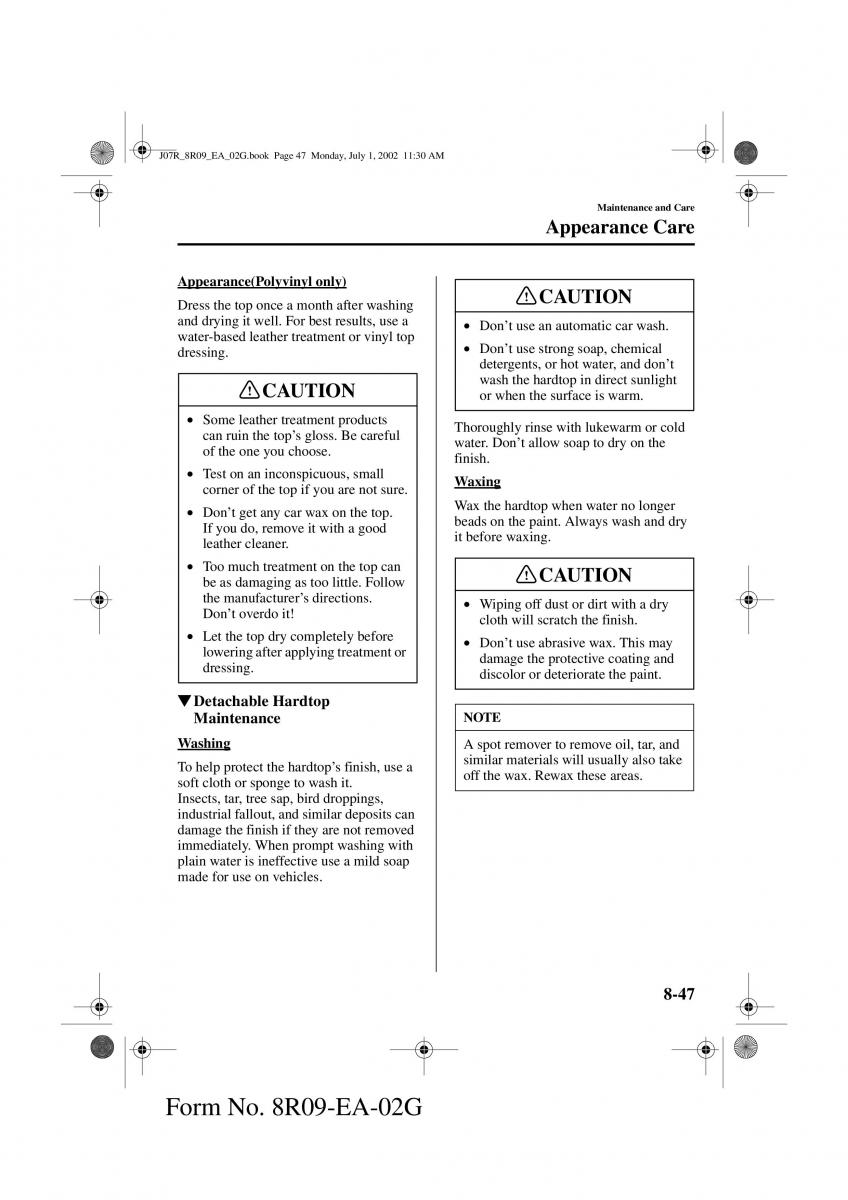 Mazda MX 5 Miata NB II 2 owners manual / page 226