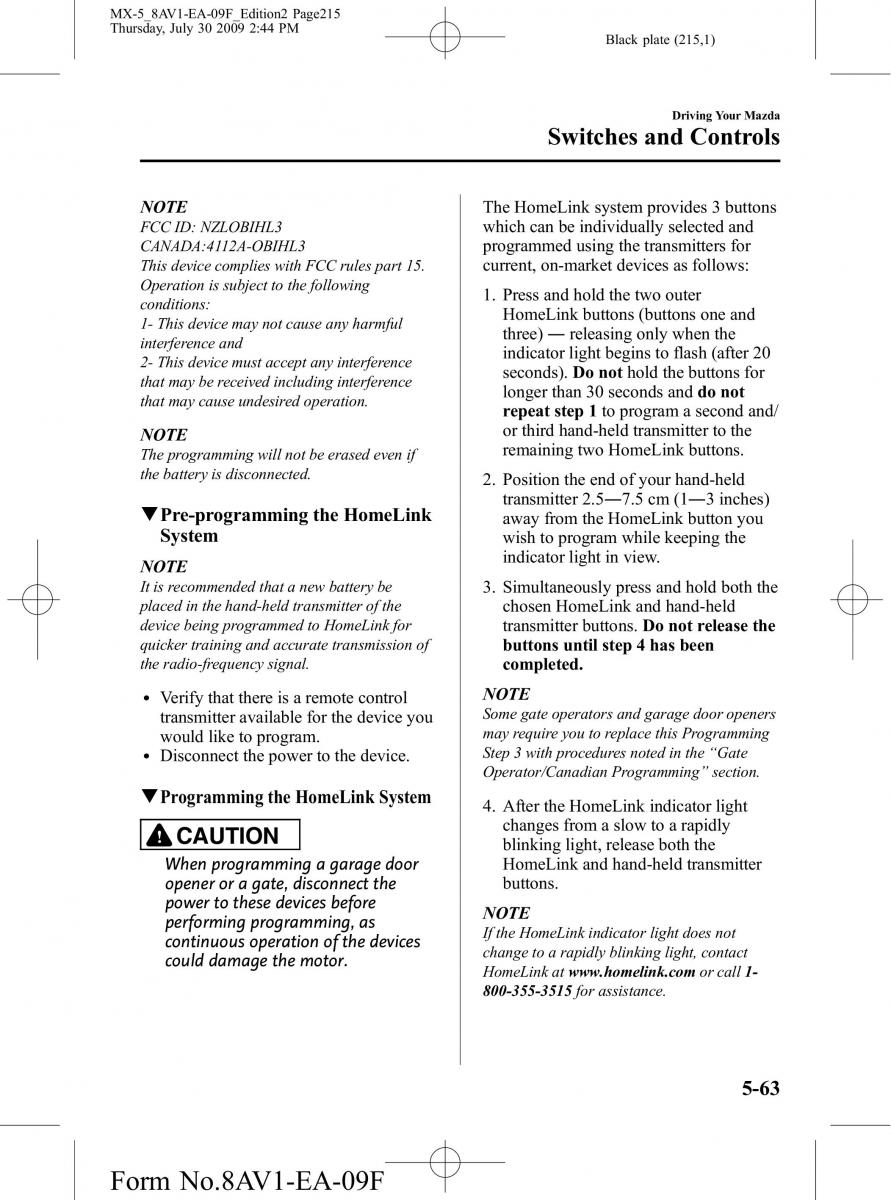 Mazda MX 5 Miata NC III 3 owners manual / page 215