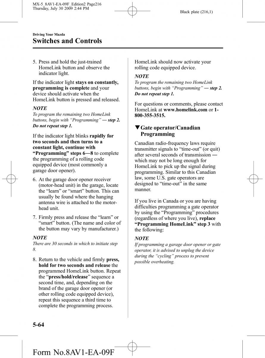 Mazda MX 5 Miata NC III 3 owners manual / page 216