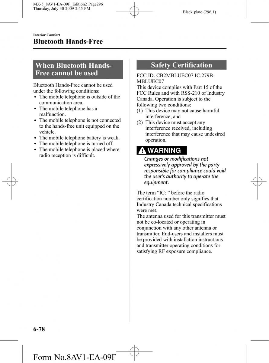 Mazda MX 5 Miata NC III 3 owners manual / page 296