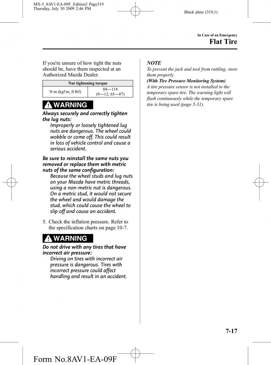 Mazda MX 5 Miata NC III 3 owners manual / page 319