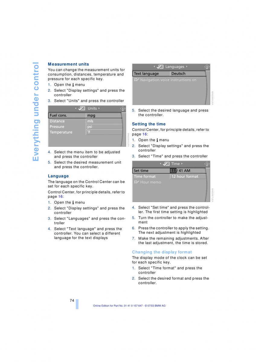 BMW 5 E60 E61 owners manual / page 76