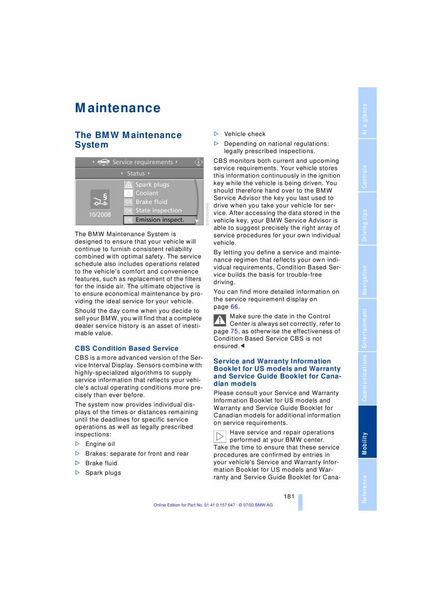 BMW 5 E60 E61 owners manual / page 183