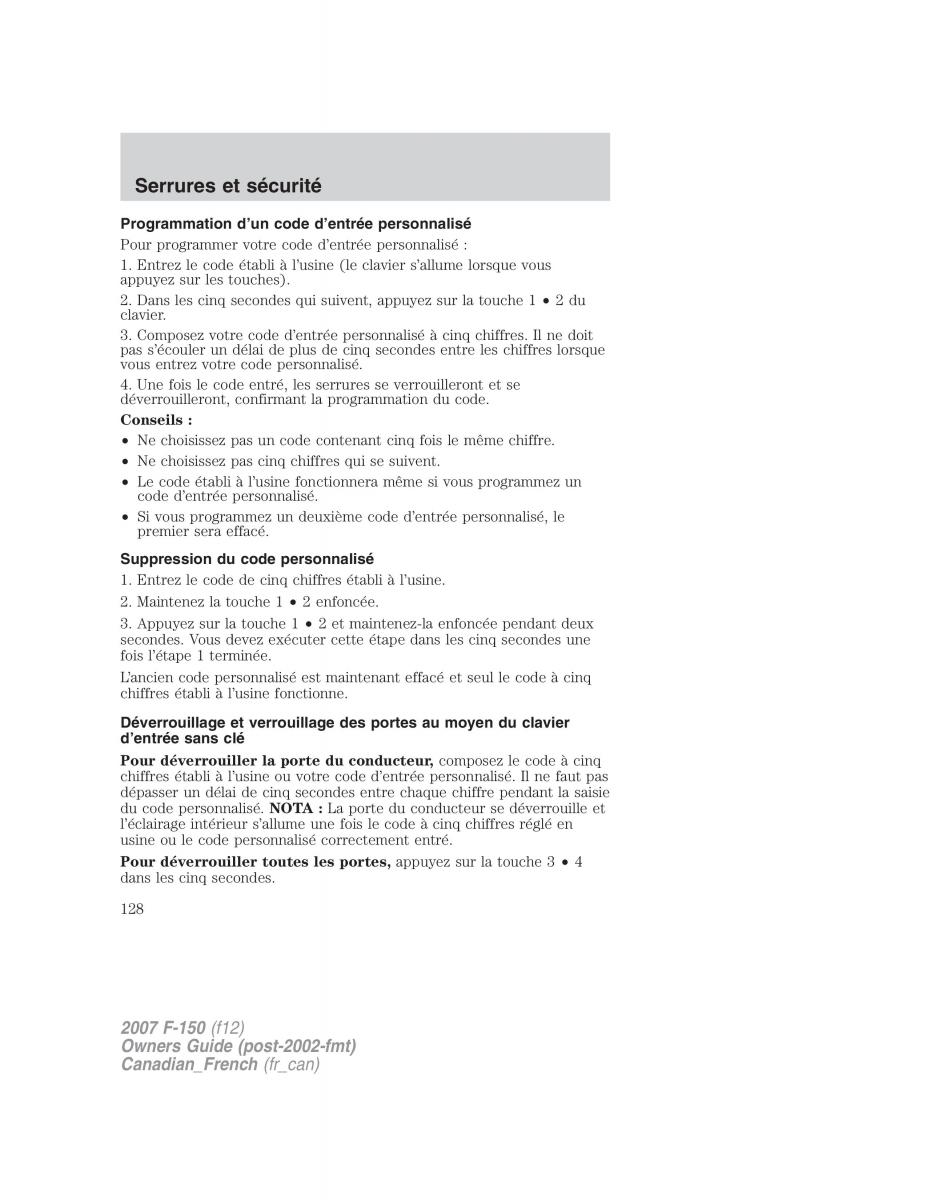 Ford F 150 manuel du proprietaire / page 128