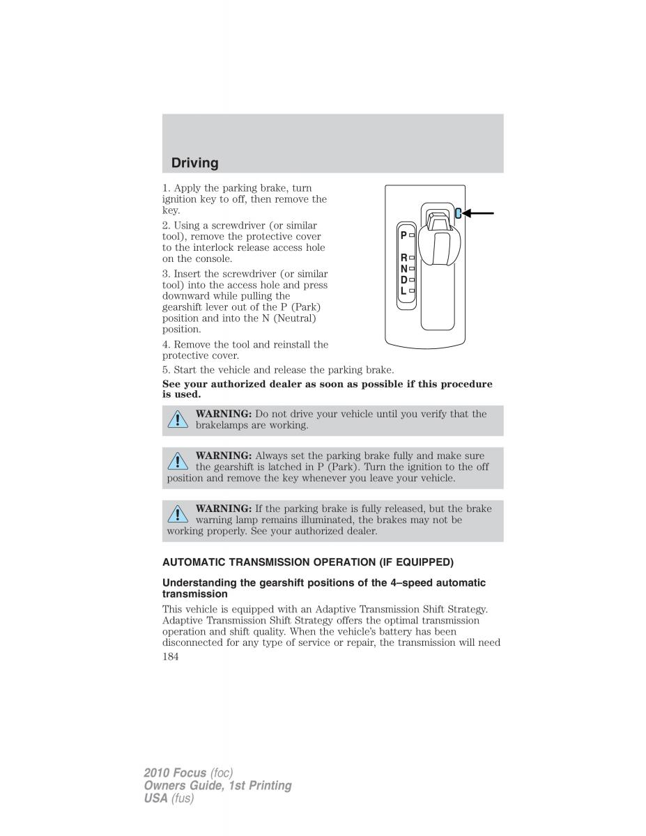 Ford Focus II 2 owners manual / page 184