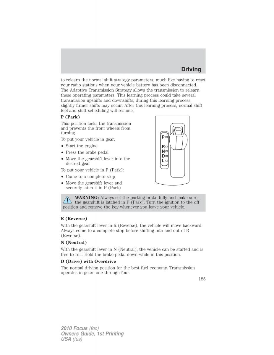 Ford Focus II 2 owners manual / page 185