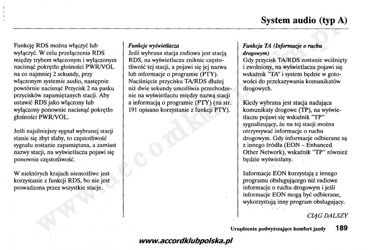 Honda Accord VII 7 instrukcja obslugi / page 193