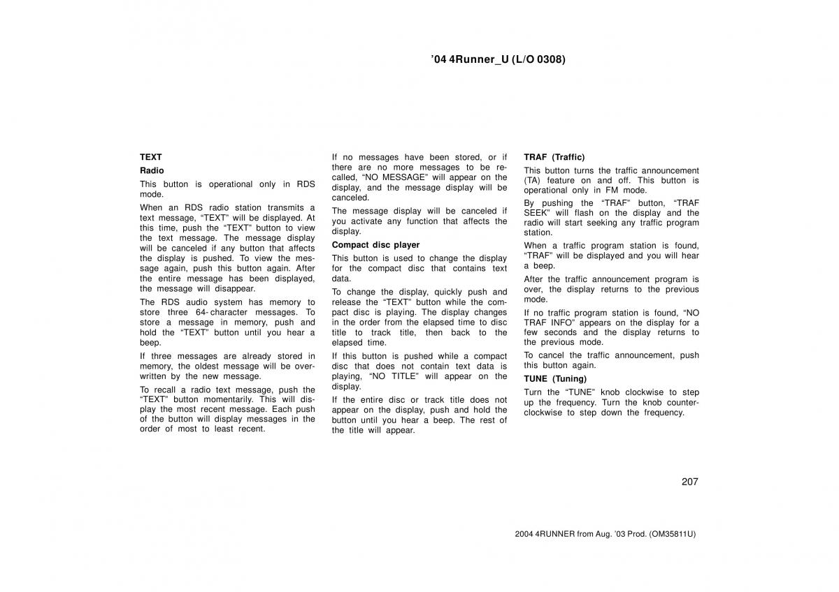 Toyota 4Runner 4 IV N210 owners manual / page 207