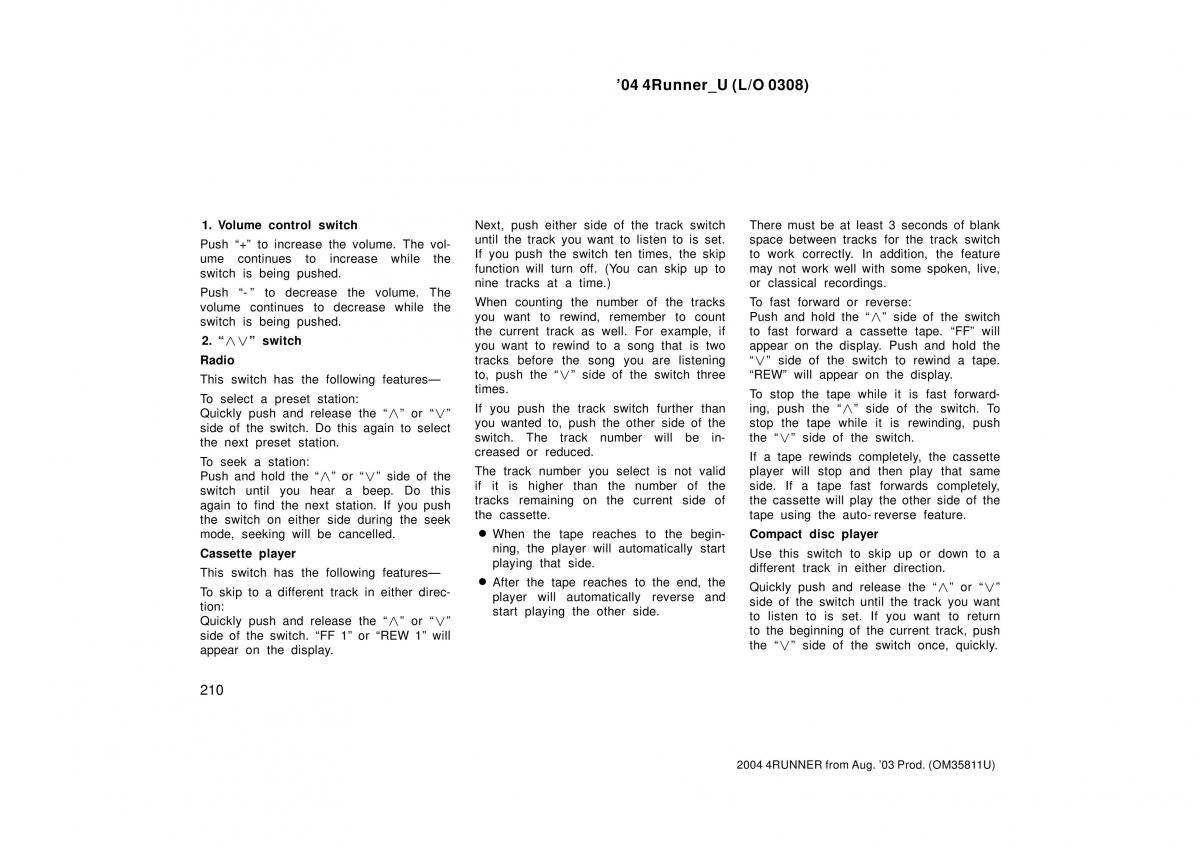 Toyota 4Runner 4 IV N210 owners manual / page 210