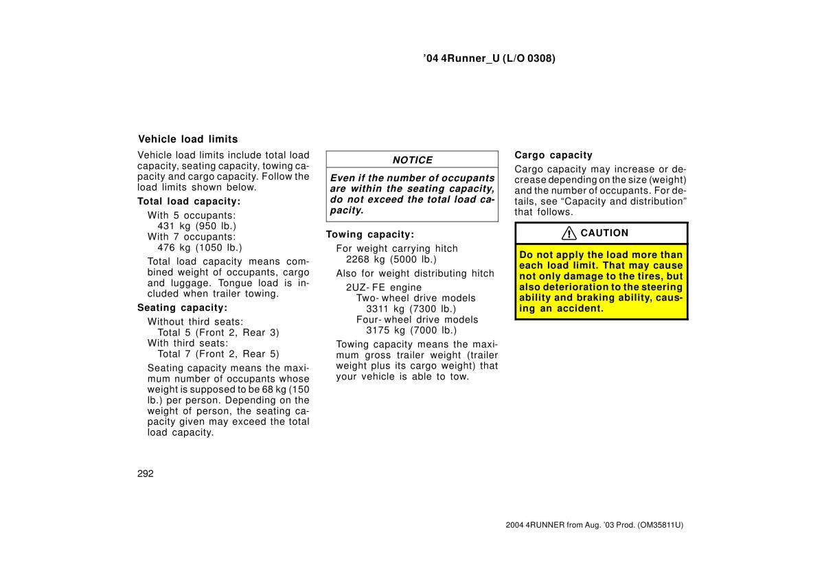 Toyota 4Runner 4 IV N210 owners manual / page 292