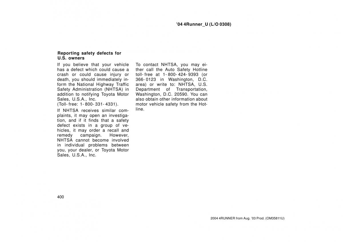 Toyota 4Runner 4 IV N210 owners manual / page 400