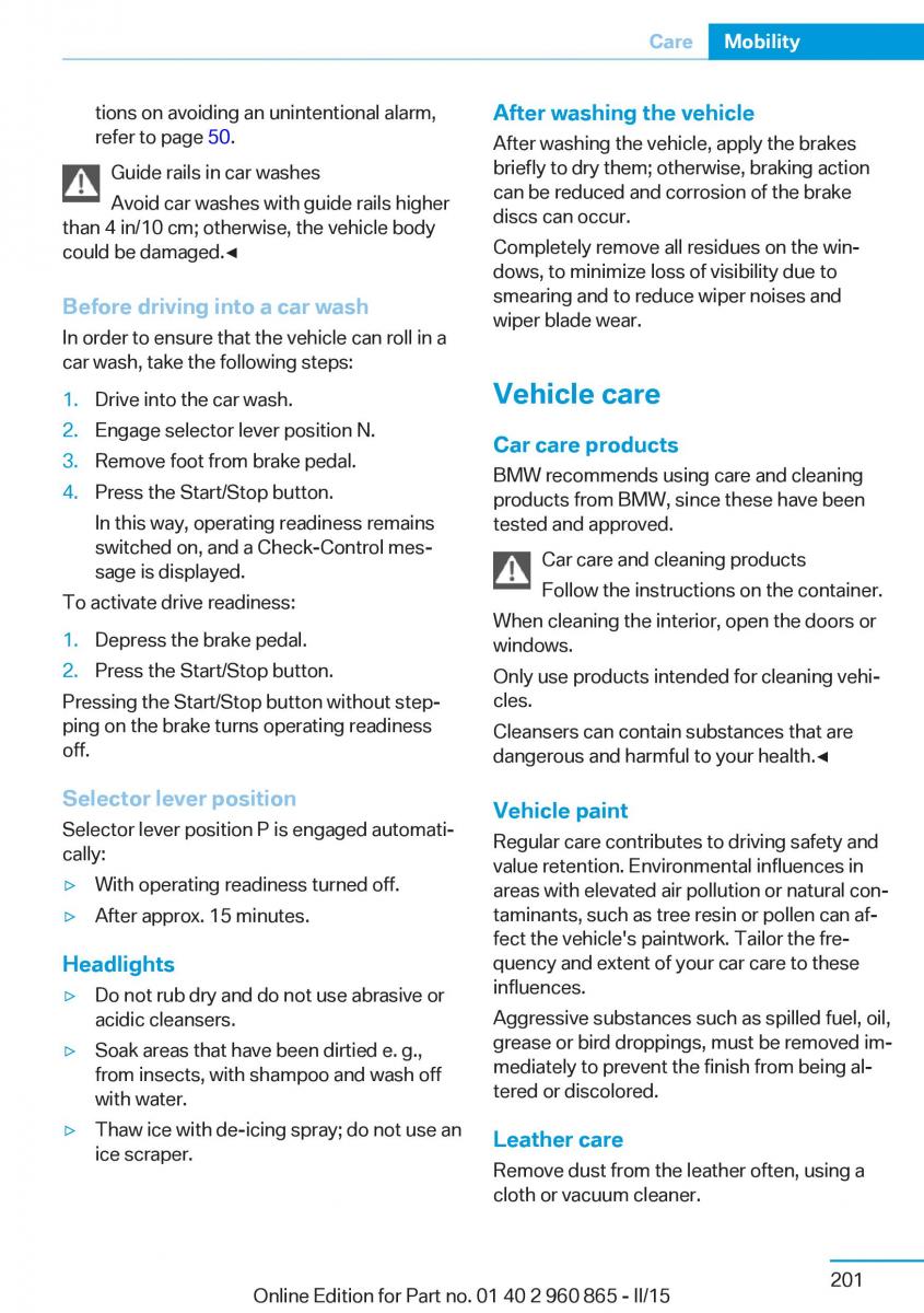 BMW i3 owners manual / page 217