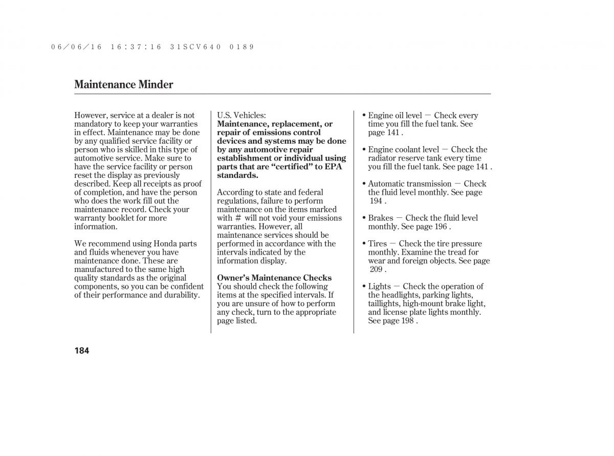 Honda Element owners manual / page 190