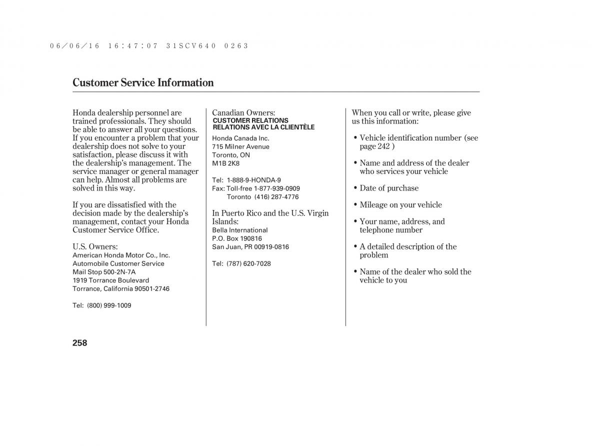 Honda Element owners manual / page 264