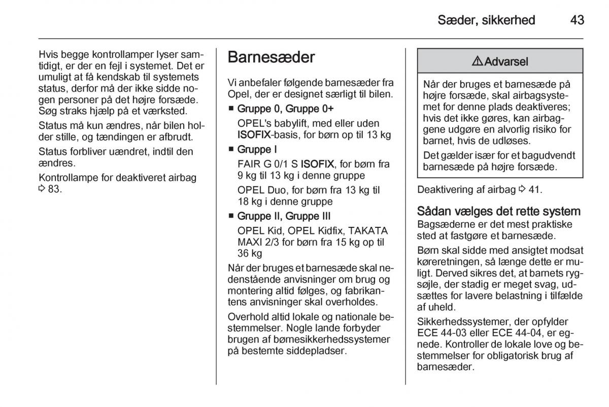 Opel Adam Bilens instruktionsbog / page 45