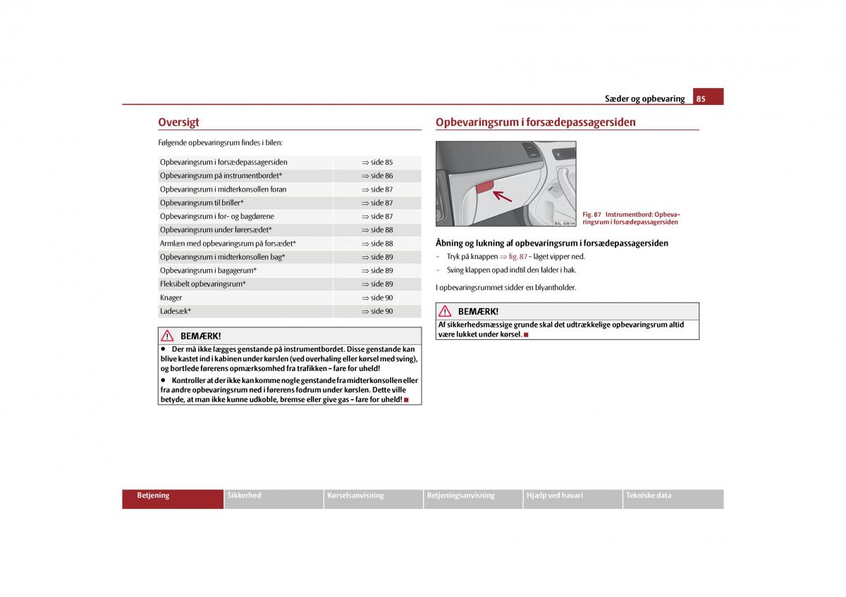 Skoda Yeti Bilens instruktionsbog / page 87