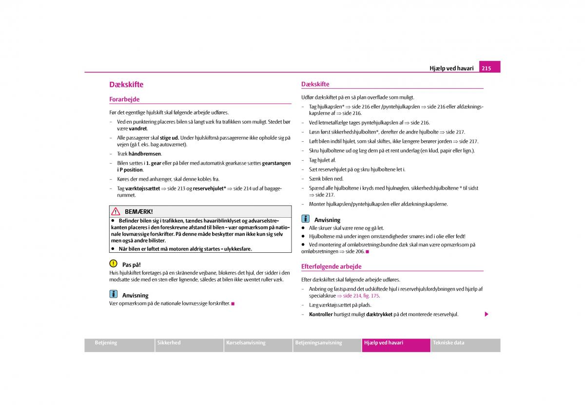 Skoda Yeti Bilens instruktionsbog / page 217