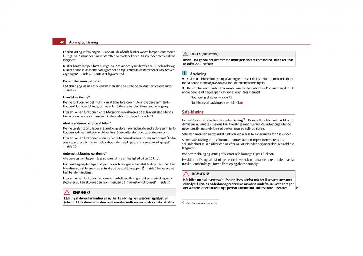 Skoda Yeti Bilens instruktionsbog / page 42