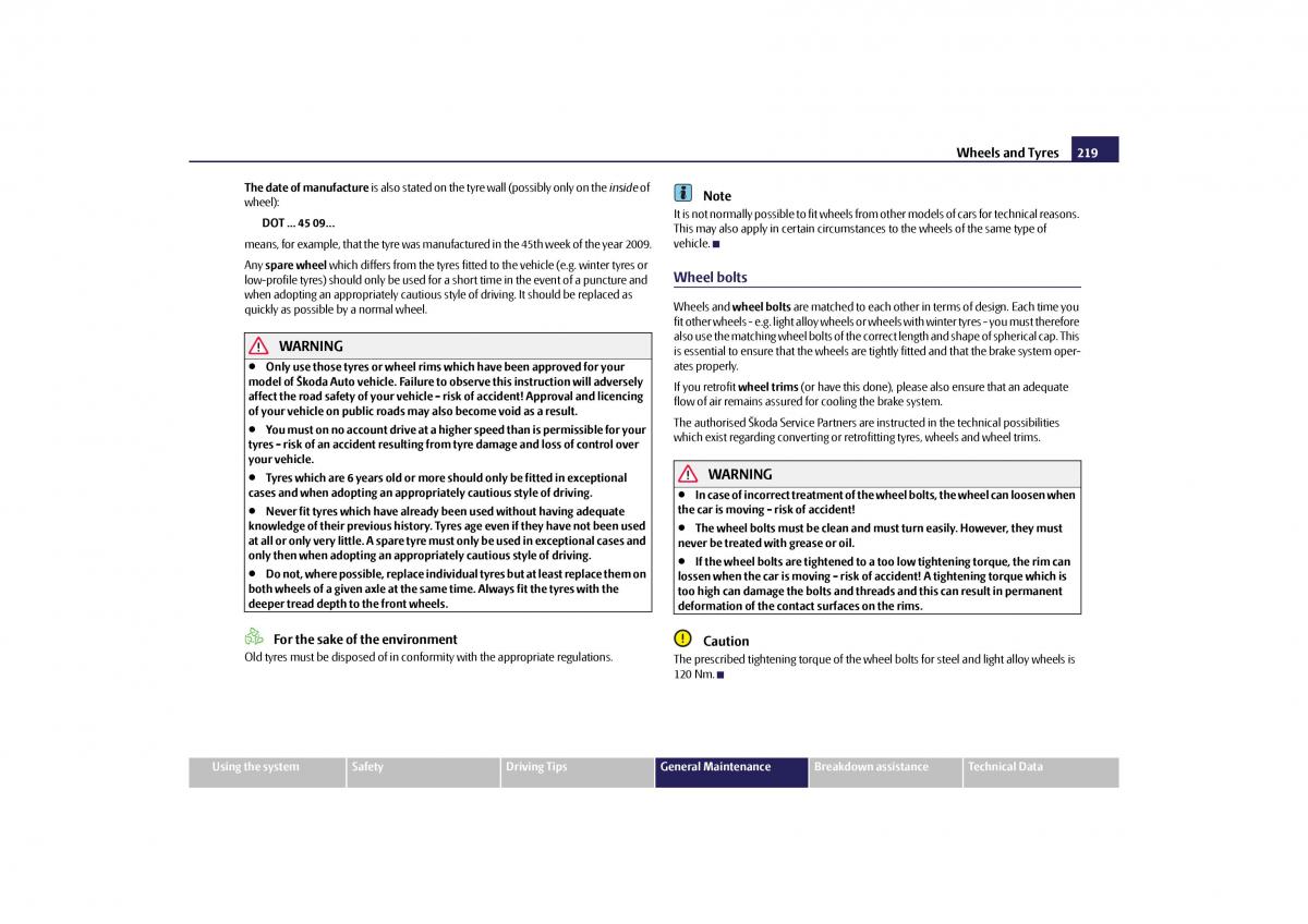 Skoda Yeti owners manual / page 220