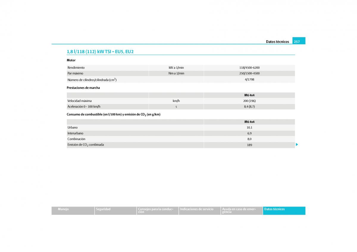 Skoda Yeti manual del propietario / page 258