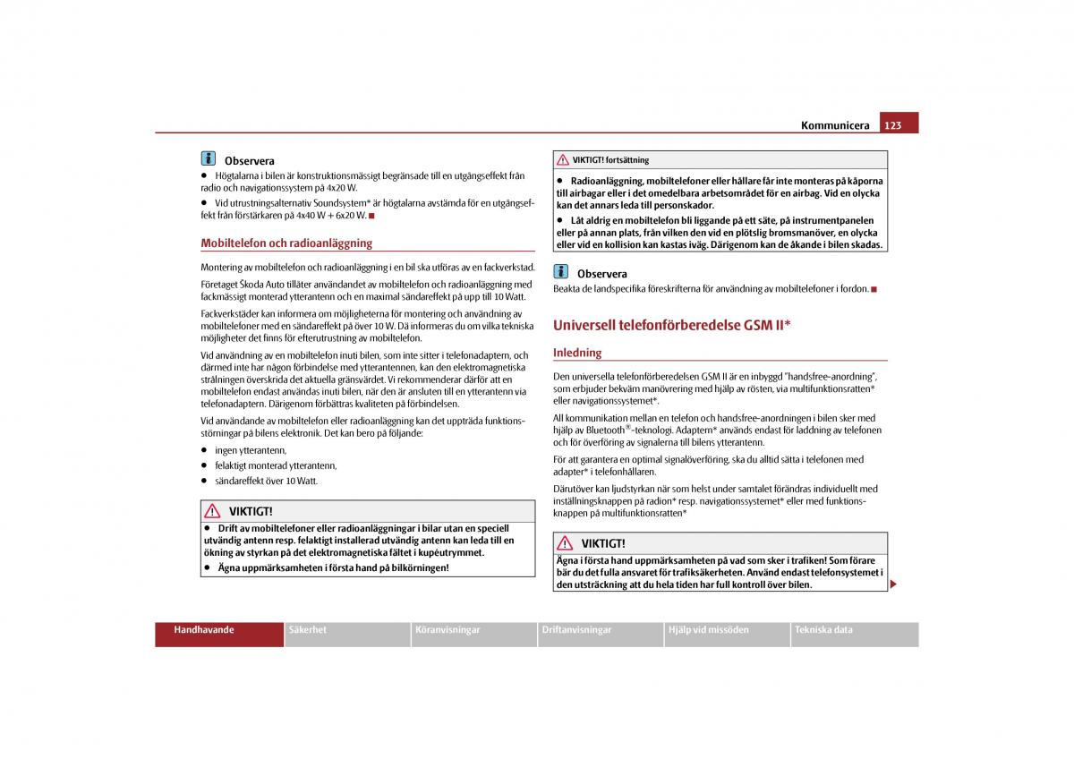 Skoda Yeti instruktionsbok / page 124