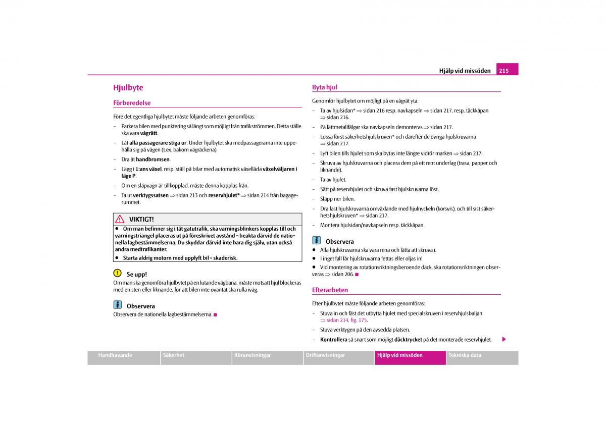 Skoda Yeti instruktionsbok / page 216