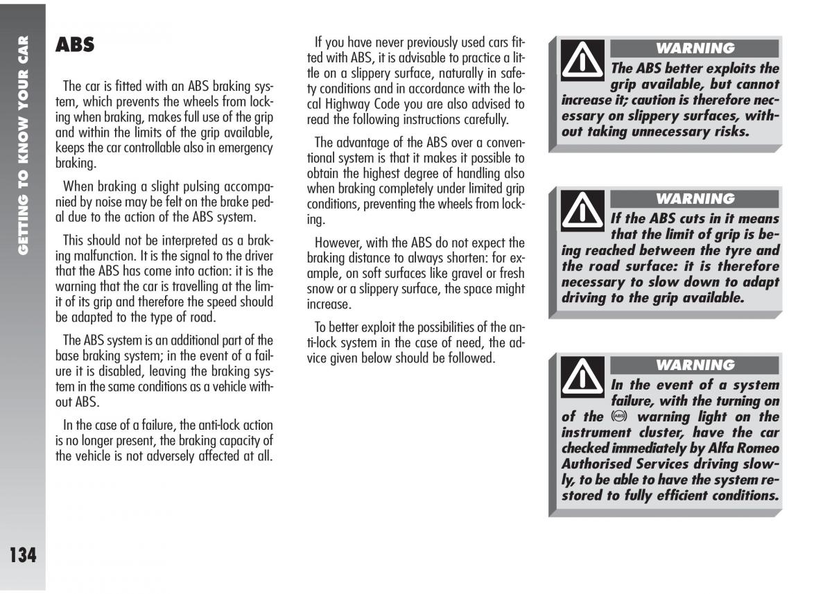 Alfa Romeo 147 GTA owners manual / page 135