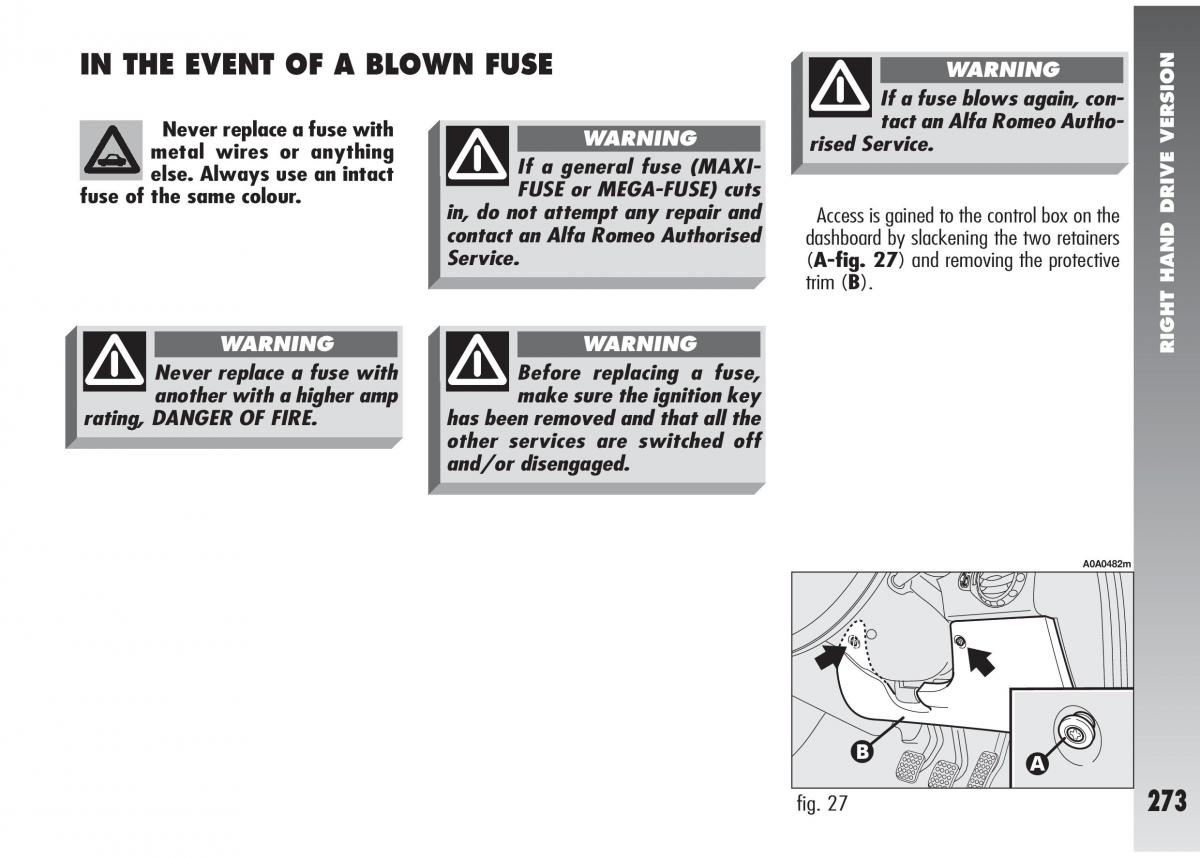 Alfa Romeo 147 GTA owners manual / page 274