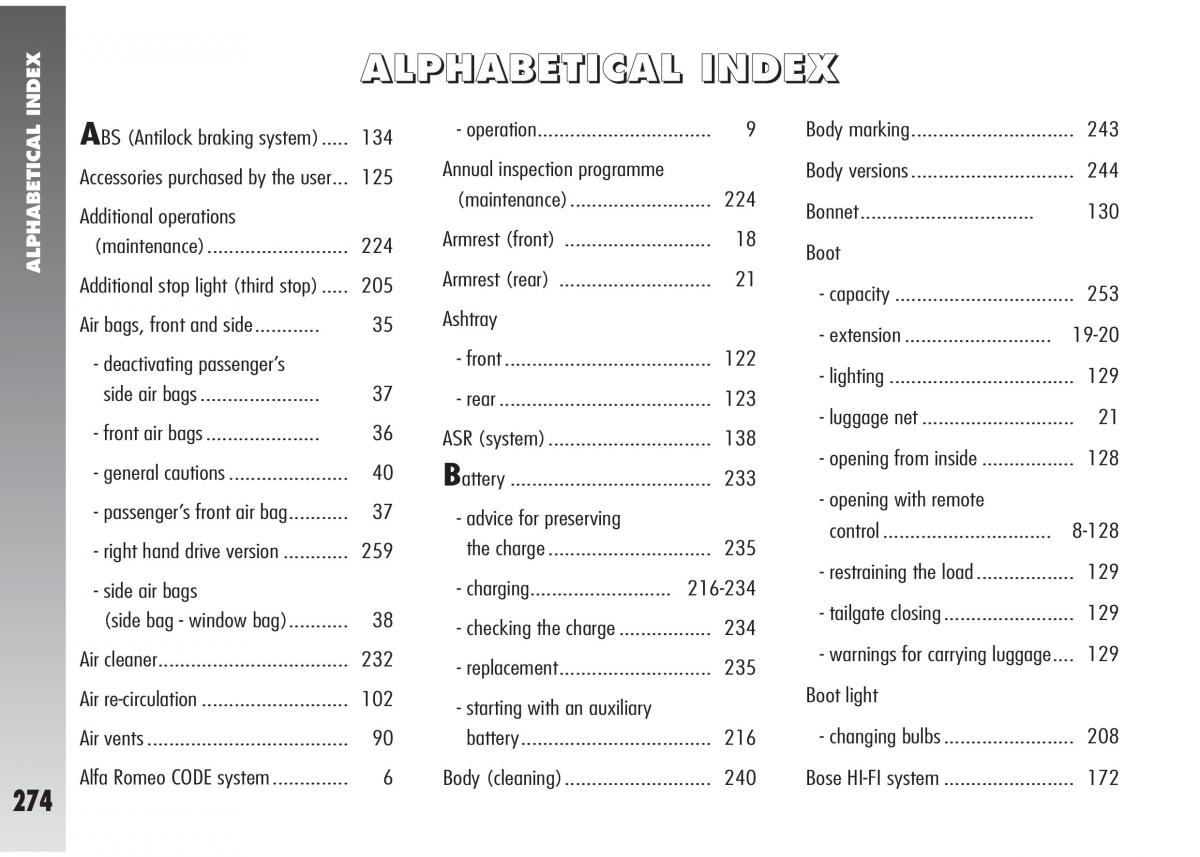 Alfa Romeo 147 GTA owners manual / page 275