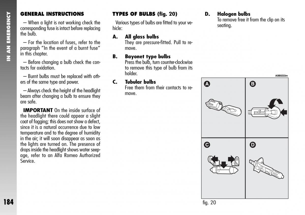 Alfa Romeo 156 GTA owners manual / page 185