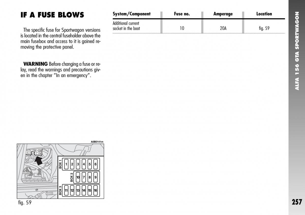 Alfa Romeo 156 GTA owners manual / page 258