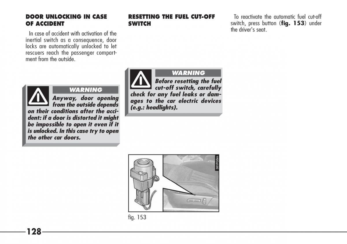 Alfa Romeo 166 owners manual / page 129