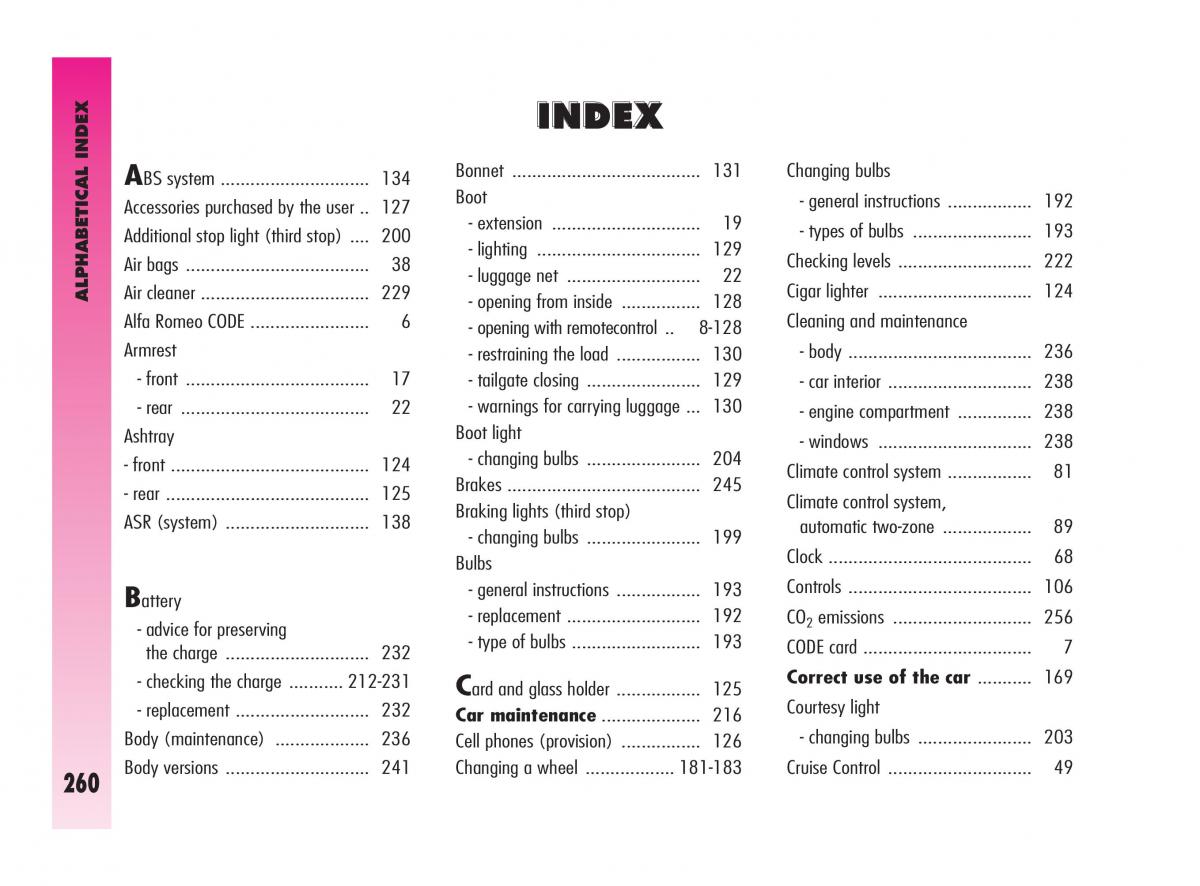 Alfa Romeo GT owners manual / page 261