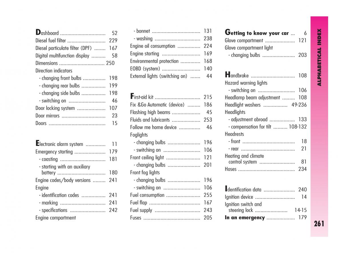 Alfa Romeo GT owners manual / page 262