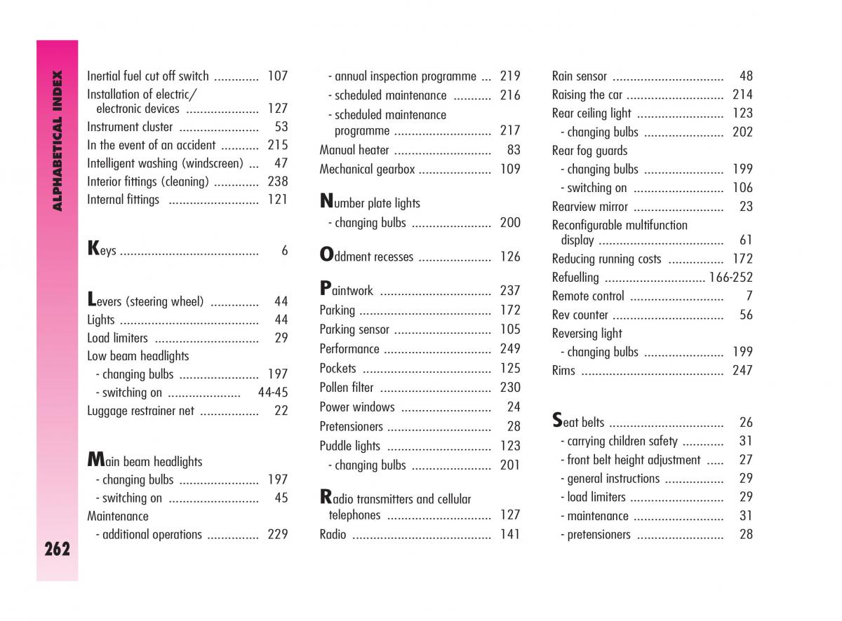 Alfa Romeo GT owners manual / page 263