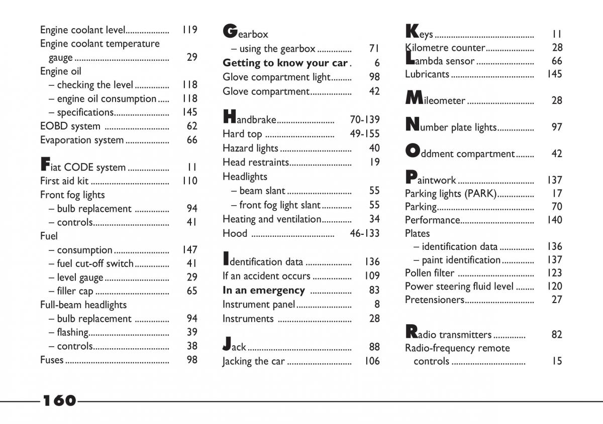 Fiat Barchetta owners manual / page 161