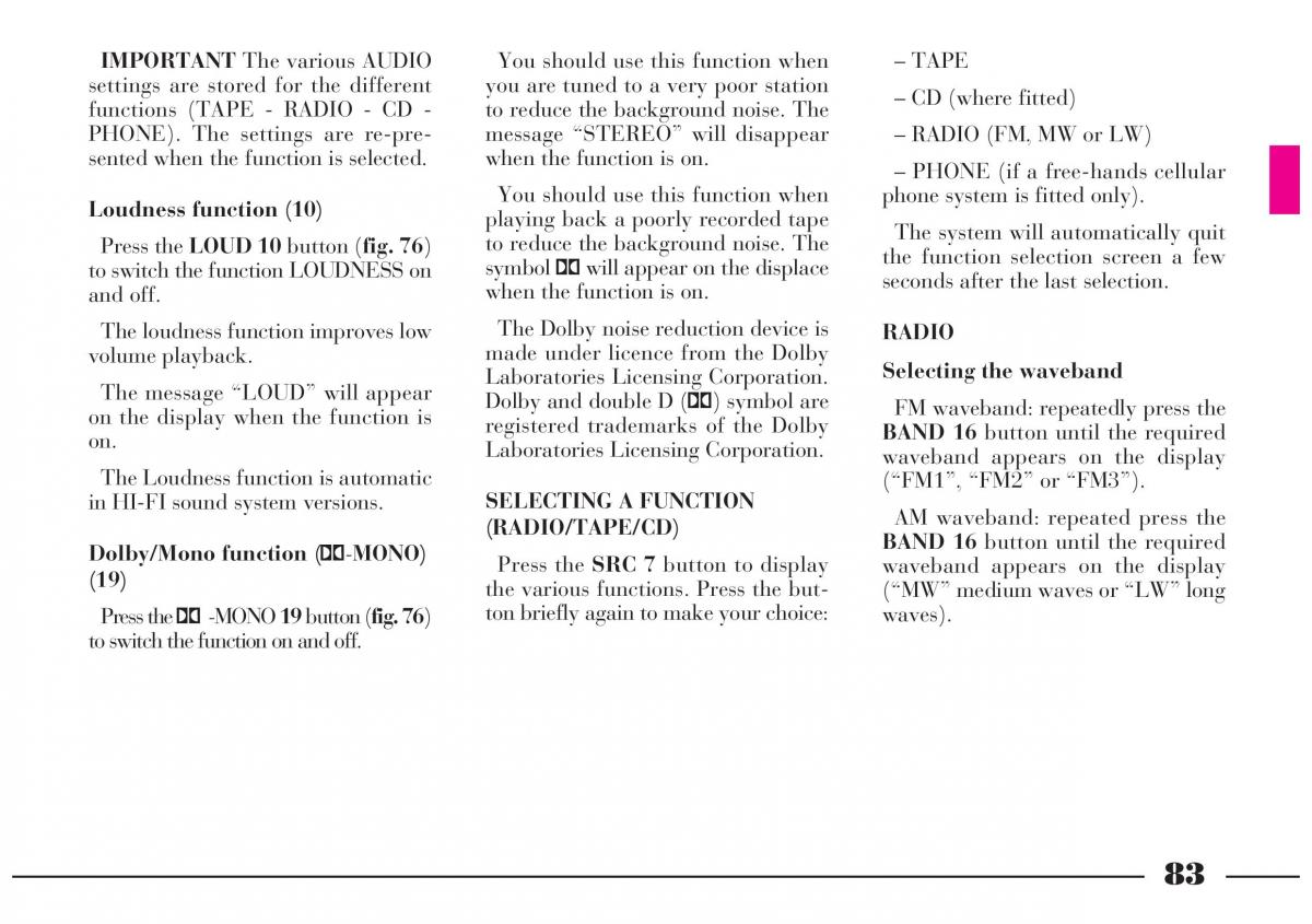 Lancia Lybra owners manual / page 84